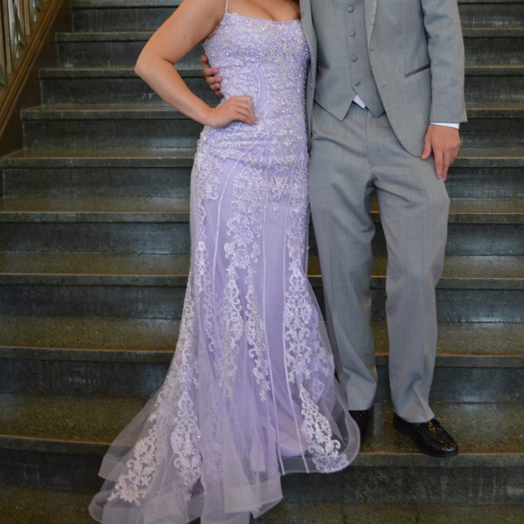 Jovani Lilac Lace Prom Dress With Sweep Train